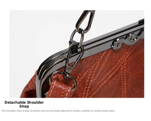 Close-up of vintage brown PU leather bag with metallic clasp and detachable strap