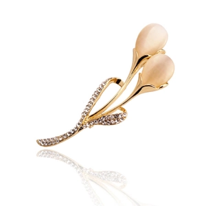 Elegant gold tulip brooch with beige cat-eye stones and white crystal petals