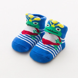 Close-up of blue striped cotton baby socks with 3D cartoon frog embroidery and sparkles