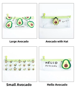 Detail view of four transparent avocado pencil cases with green zippers and creative patterns
