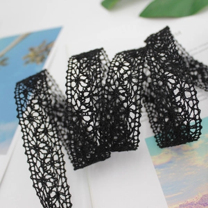 Sweet black lace waist belt with hollow crochet floral pattern and pearl details