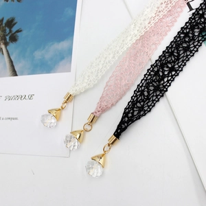 Elegant lace choker set with faceted crystal pendants in white pink and black colors