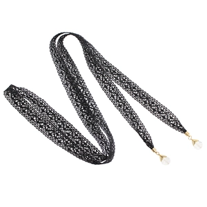 Elegant black lace waist belt with golden accents and clear spherical pendant charms