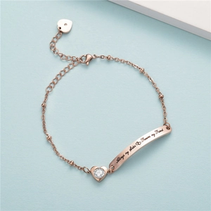 Rose gold chain bracelet with heart rhinestone and engraved friendship message charm