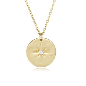 S925 sterling silver gold coin necklace with engraved eight-point star and crystal pendant