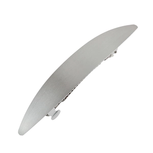 Sleek silver metal hair clip with brushed finish and curved leaf shape on white background