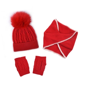 Kids red knit winter set with faux fur pompom beanie, infinity scarf and fingerless gloves