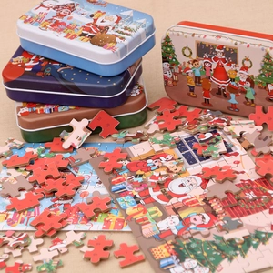 Christmas DIY wooden puzzle set for kids in colorful tin boxes with numbered backing