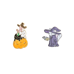 Halloween wizard cat and pumpkin enamel pins set made of metal for clothing and bags