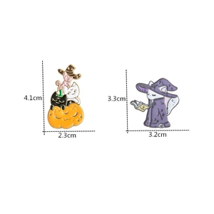 Detail showing dimensions of Halloween cat pumpkin and wizard cat enamel brooches