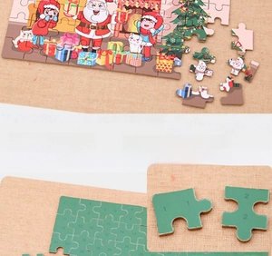 Detail of 60-piece wooden Christmas puzzle showing double-sided design with numbers