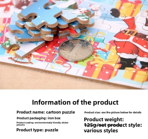 DIY wooden Santa puzzle details in tin box with coin for scale, 125g density board set