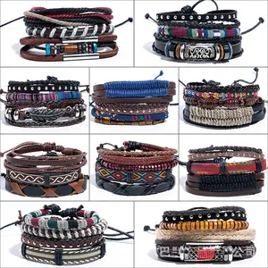 Handmade bohemian leather bracelet set with wooden beads and vintage alloy charms