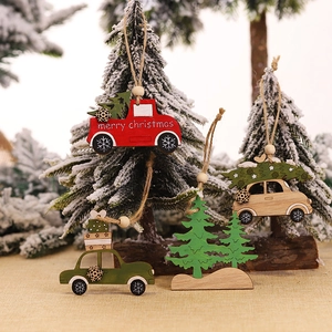 Set of 4 creative wooden Christmas tree hanging ornaments featuring cars and trees