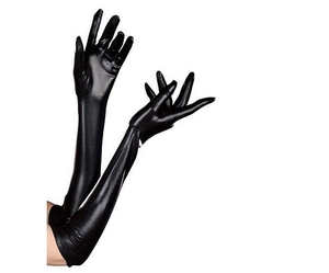 Close-up of glossy black patent leather long gloves for cosplay and dance performance