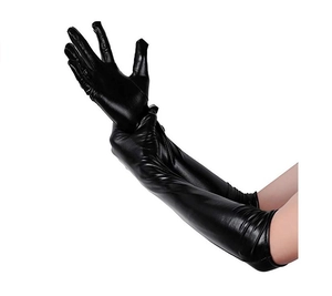 Close-up of long black patent leather gloves with a shiny finish for cosplay and dance