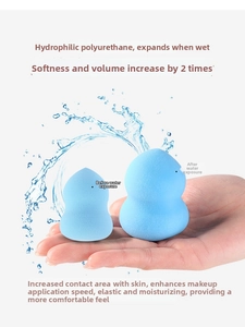 Light blue teardrop makeup sponge showing 2x size expansion after soaking in water