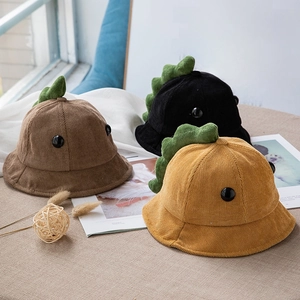 Süße Kinder Fischerhüte aus Cord mit Dinosaurier-Motiv in Braun, Schwarz und Gelb