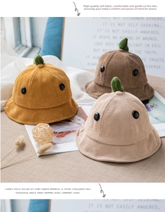 Detail von Baby-Cord-Fischerhüten in Ingwer, Kaffee und Beige mit süßem Sprossen-Design