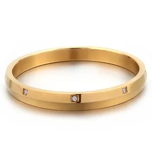 Minimalist Stainless Steel Bangle Women Geometric Cubic Zirconia Inlaid Gold Plated Polished Brushed Modern Bracelet