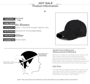 Size chart showing baseball cap dimensions with 55-61cm adjustable strap and 13cm crown depth