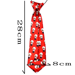Detail view of red Christmas dog tie with snowman patterns and 28cm size dimensions