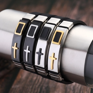 Religious men's silicone cross bracelet with adjustable stainless steel metal buckle