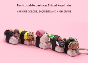 Detailed close-up of 5 different 3D cartoon sushi cat keychains in various colors