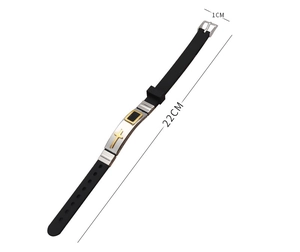 Detail of adjustable silicone cross bracelet showing 22cm length and 1cm width dimensions