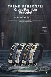 Detailed view of religious silicone men's bracelets with polished stainless steel crosses