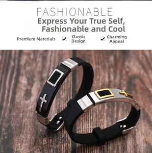 Detail of men's silicone cross bracelets with adjustable stainless steel buckles