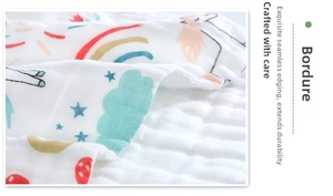 Close-up of seamless edging on six-layer cotton gauze baby towel with rainbow print