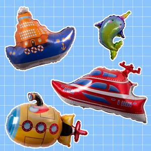 Ocean ship party balloon set including cruise, narwhal, submarine and yacht foil balloons