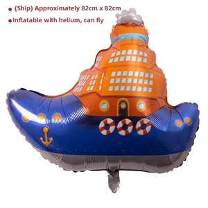 Cartoon cruise ship foil balloon for party decor, orange and blue boat, 82x82cm size