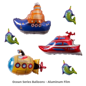 Detailed set of ocean-themed foil balloons including steamships and submarines