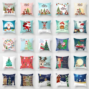 Christmas Cushion Cover Polyester Peach Skin Santa Claus Snowman Reindeer Printed Decorative Pillowcase Holiday Home Decor