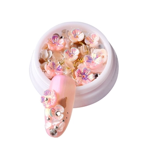 Shell flower nail art kit with pink floral charms, rhinestones and steel beads in a container