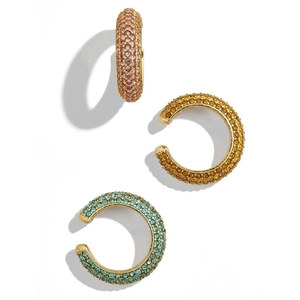 Three-piece set of C-shaped ear cuffs with colorful rhinestones in a gold metal finish