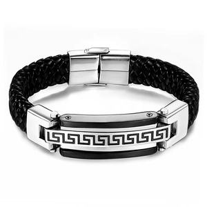 Bracciale da uomo in pelle intrecciata con motivo greco in acciaio inox e chiusura