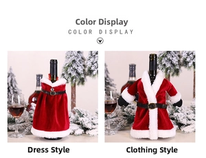 Detail of Christmas wine bottle covers in plush red velvet dress and coat styles