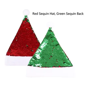 Detail of red and green reversible sequin Christmas hats with white plush trim and pompom