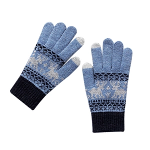 Winter knitted touch screen gloves with Nordic reindeer and snowflake patterns in blue