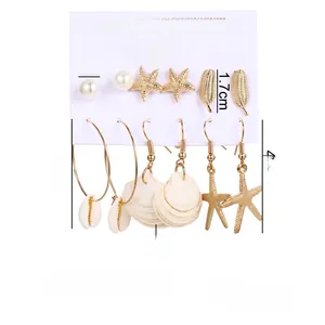 Detailed size guide for 6 pairs of gold bohemian sea shell and starfish earrings