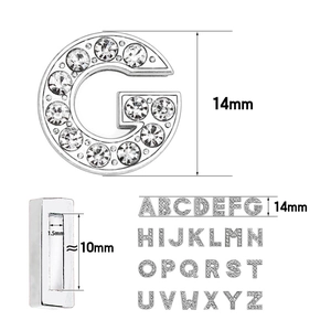 Detail showing 14mm silver letter G slider charm with white crystal rhinestones for DIY