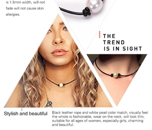 Detail view of 1.5mm black leather choker necklace featuring a single white freshwater pearl