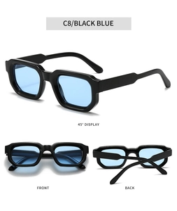 Detailed views of vintage square thick frame sunglasses in black with light blue lenses