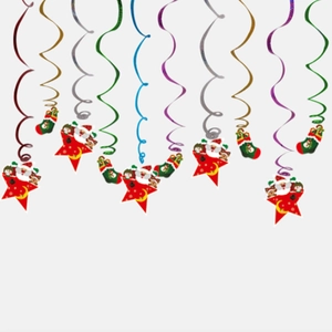 Colorful Christmas spiral hanging swirls with Santa and star ornaments for party decor