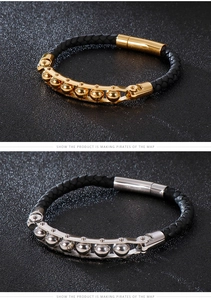 Detail of woven leather bracelets with gold and silver beads featuring magnetic clasps