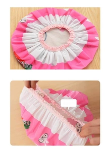 Close-up of elastic band design on a pink cartoon waterproof shower cap for women