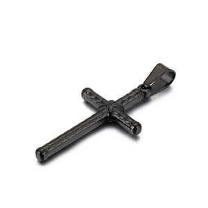 Black stainless steel cross pendant for men with distinctive grid texture on white background